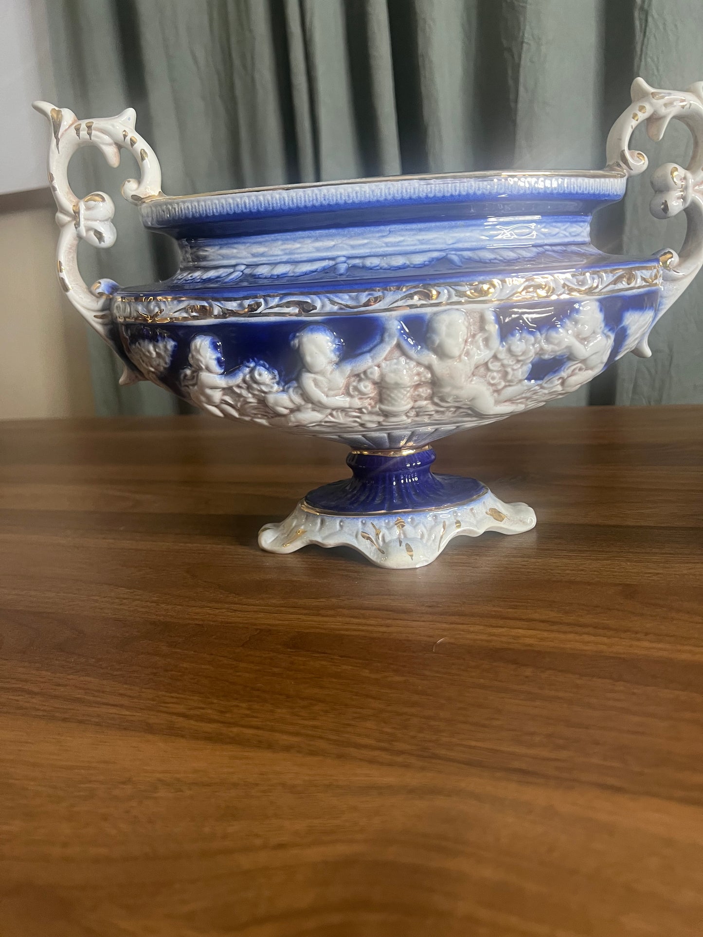 Antique-Style Italian Putti Centerpiece | Cobalt Blue & Gold Cherub Pedestal Bowl | European Decor