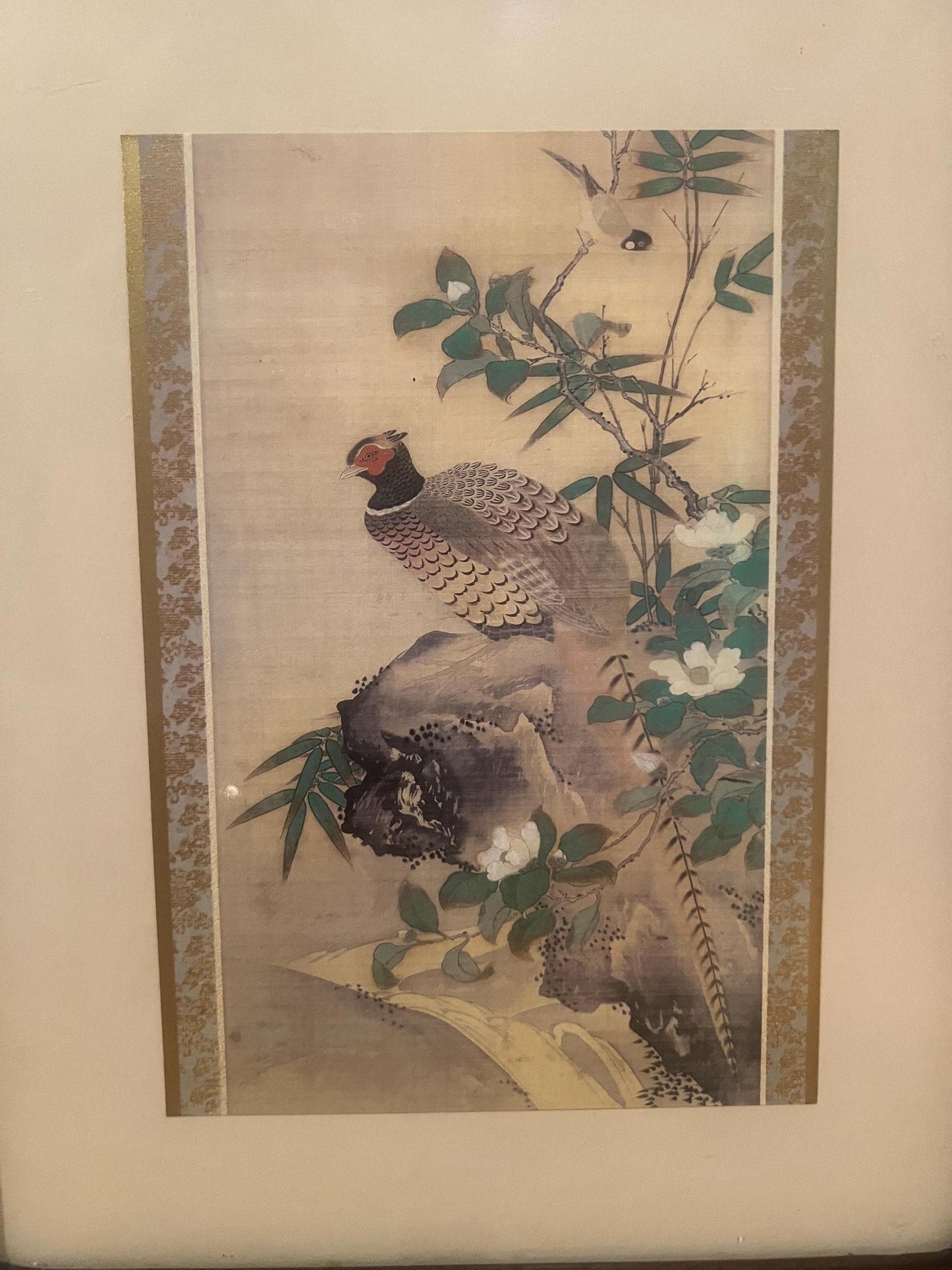 Vintage Asian Pheasant Art Print in Solid Wood frame