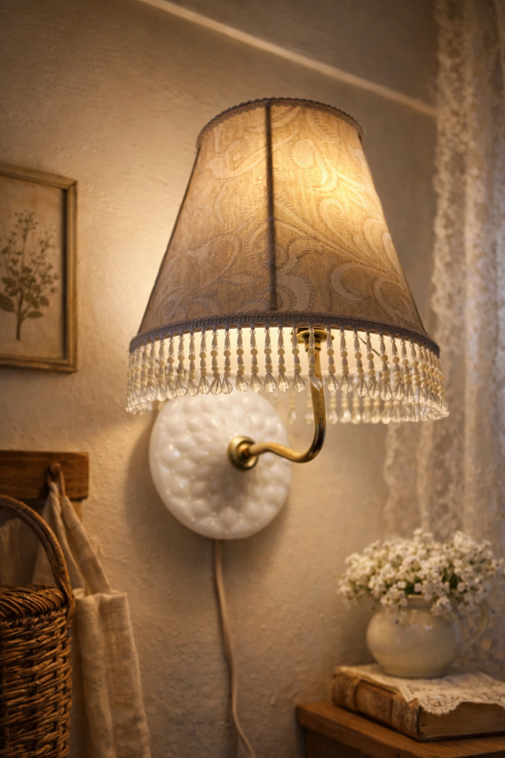 Vintage Milk Glass Hobnail Wall Sconce Lamp with Beaded Fringe Shade