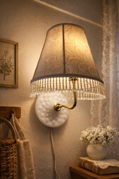 Vintage Milk Glass Hobnail Wall Sconce Lamp with Beaded Fringe Shade