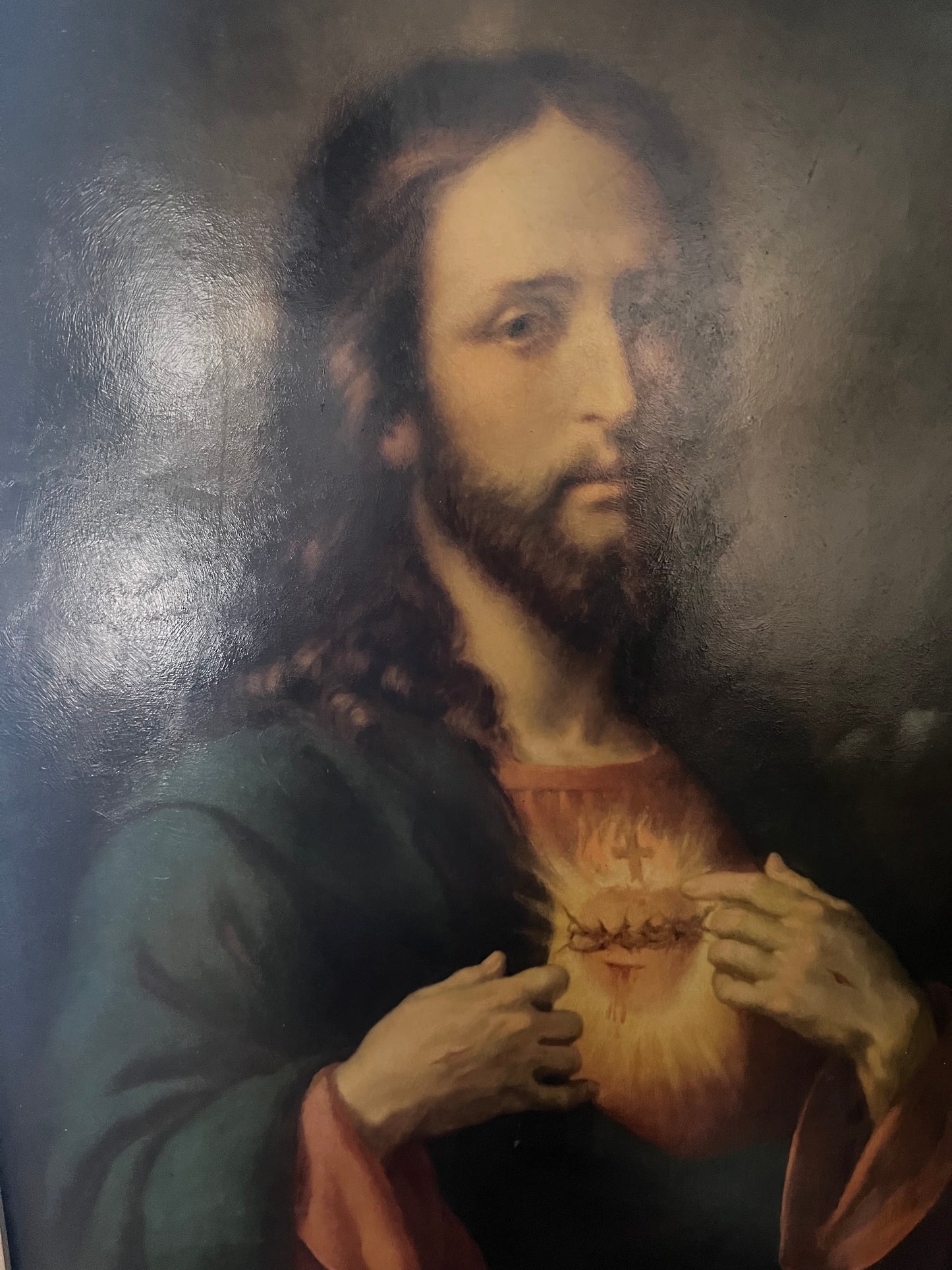 Antique Sacred Heart of Jesus Devotional Print, dated 1896, in Original Frame