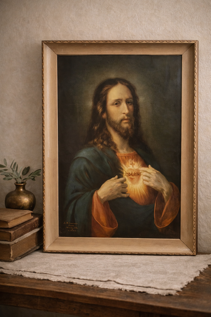 Antique Sacred Heart of Jesus Devotional Print, dated 1896, in Original Frame