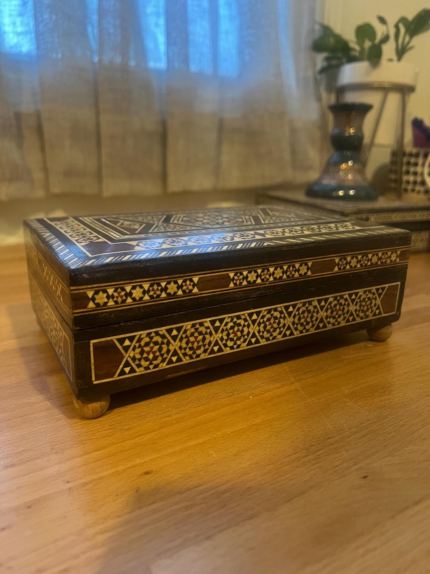 Vintage Syrian Marquetry-Mosaic Inlaid Wooden music Box.
