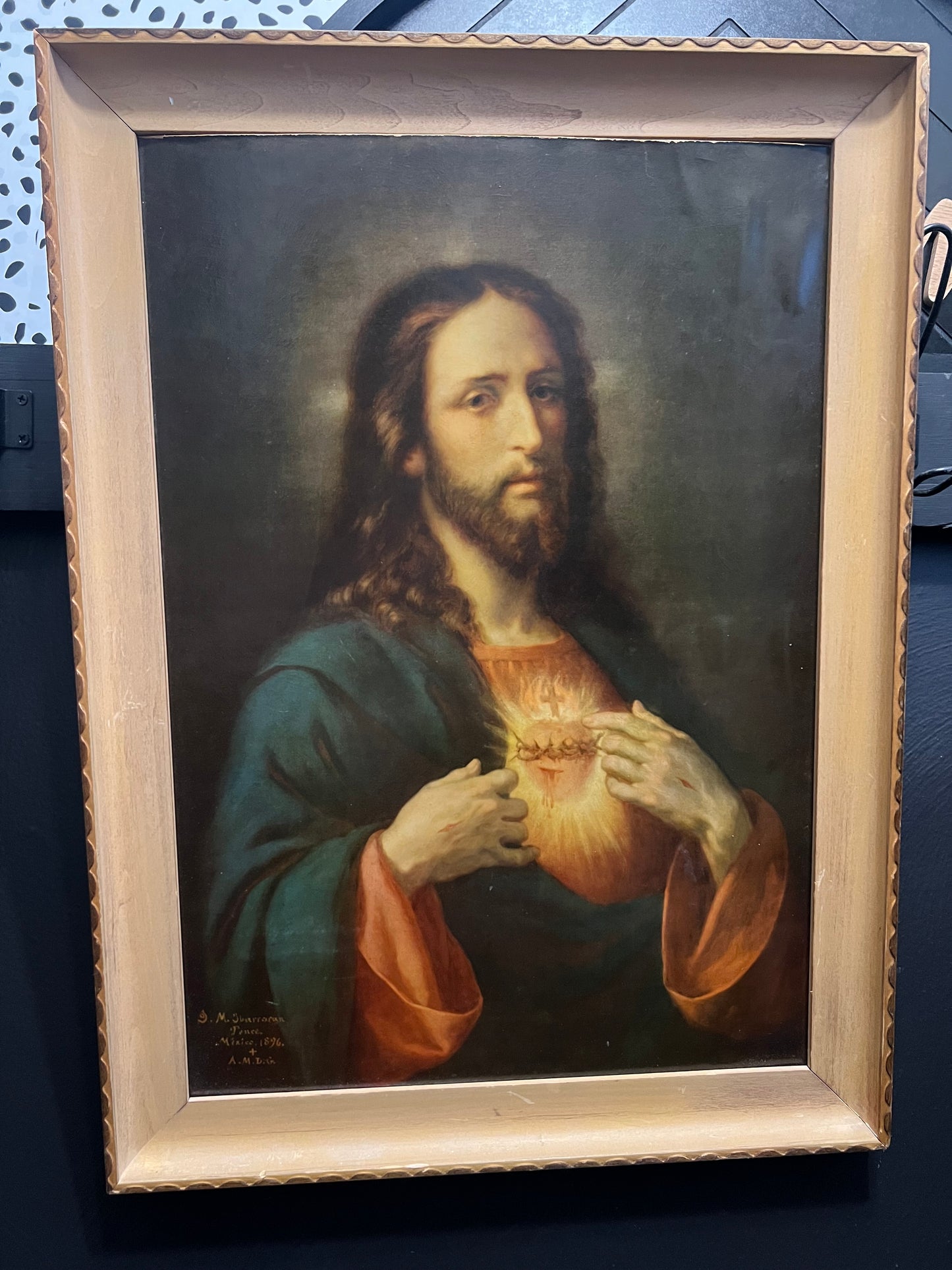 Antique Sacred Heart of Jesus Devotional Print, dated 1896, in Original Frame