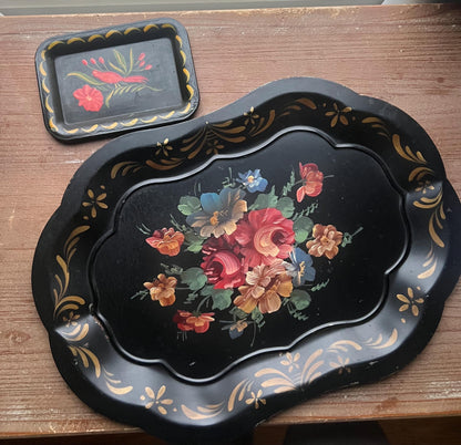 Vintage Black Tole Tray Set – Hand-Painted Floral & Bird