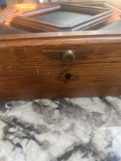 Apex Antique Wood & Leather Jewelry Box | Diamond Inlay Mid-Century Keepsake Case