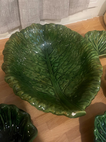 Vintage 1968 Handmade Cabbageware Salad Set – 6-piece Majolica-Style Green Leaf Bowls