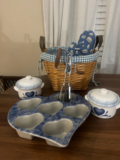 Vintage Blue Kitchen Baking Gift Set – Heart Mold, Crocks, Mixer & Basket