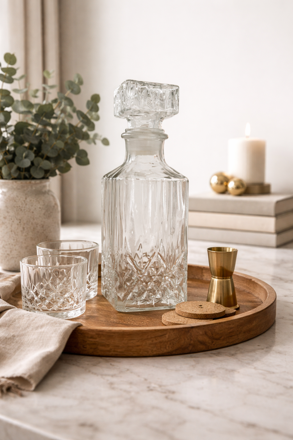 Vintage Glass Whiskey Decanter with Stopper – Cut Glass Liquor Bottle – Mid-Century Barware