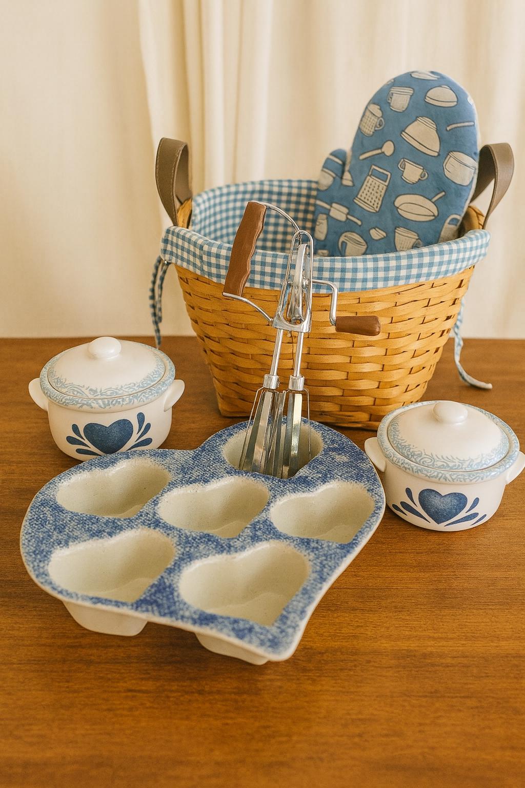 Vintage Blue Kitchen Baking Gift Set – Heart Mold, Crocks, Mixer & Basket