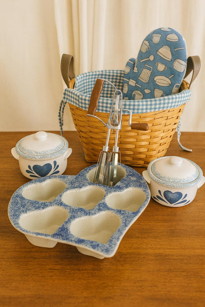Vintage Blue Kitchen Baking Gift Set – Heart Mold, Crocks, Mixer & Basket