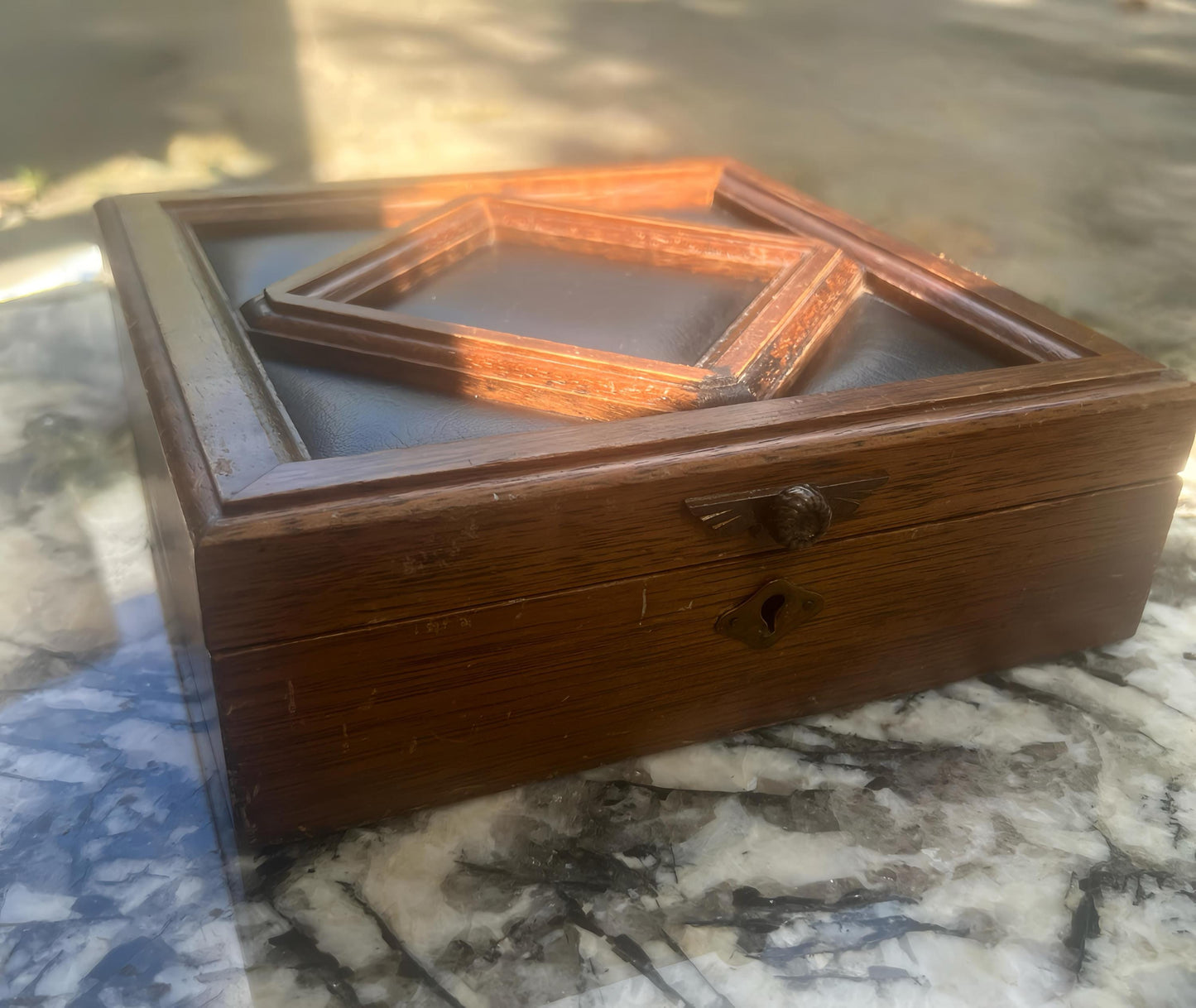 Apex Antique Wood & Leather Jewelry Box | Diamond Inlay Mid-Century Keepsake Case