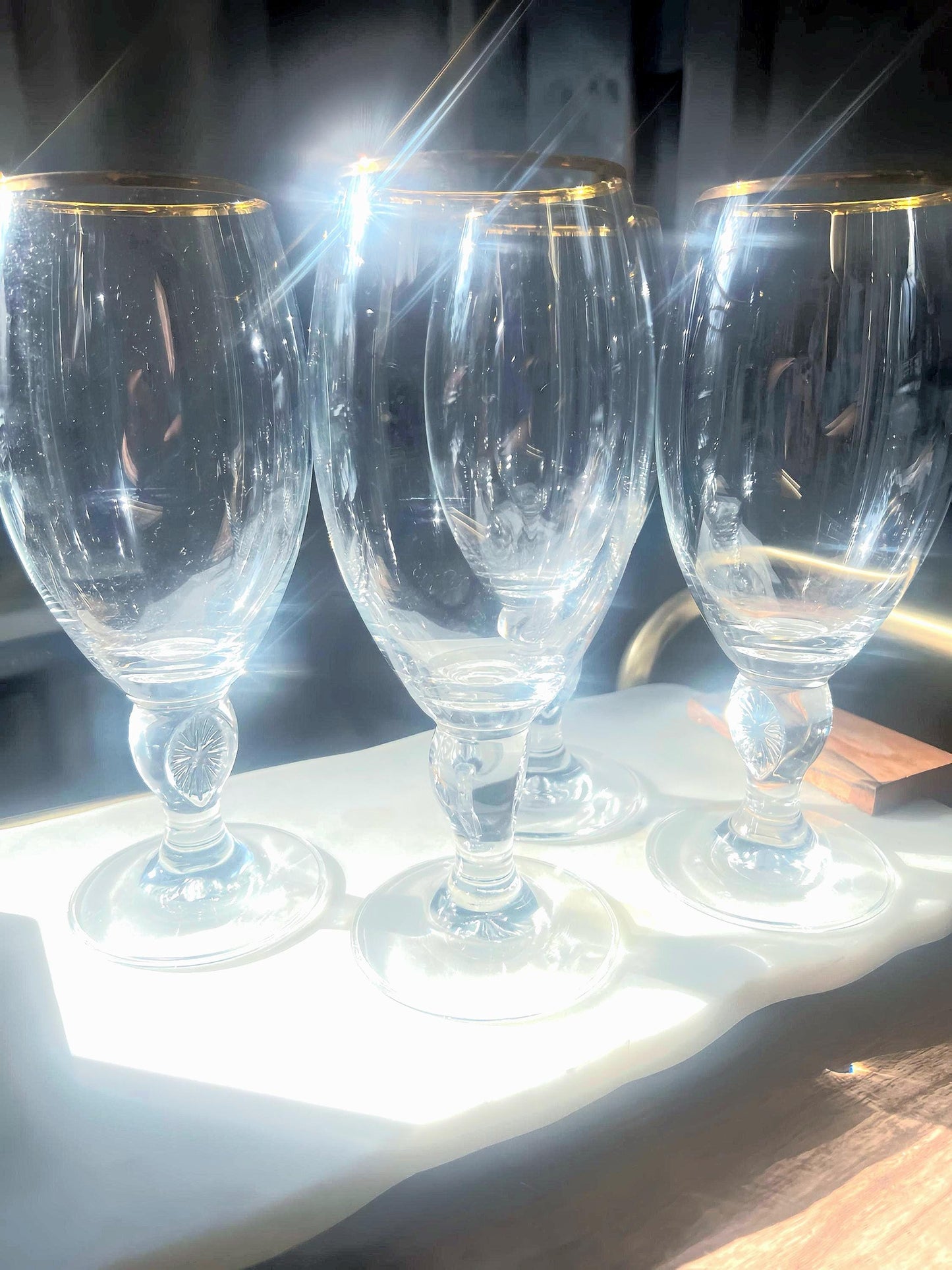 Set of 4 Vintage Goblets with Gold Rim and Pressed Sunburst Stem Detail