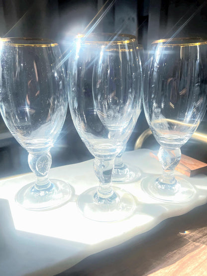 Set of 4 Vintage Goblets with Gold Rim and Pressed Sunburst Stem Detail