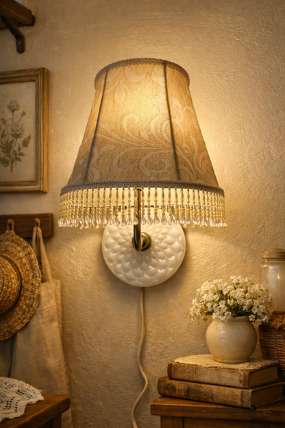 Vintage Milk Glass Hobnail Wall Sconce Lamp with Beaded Fringe Shade