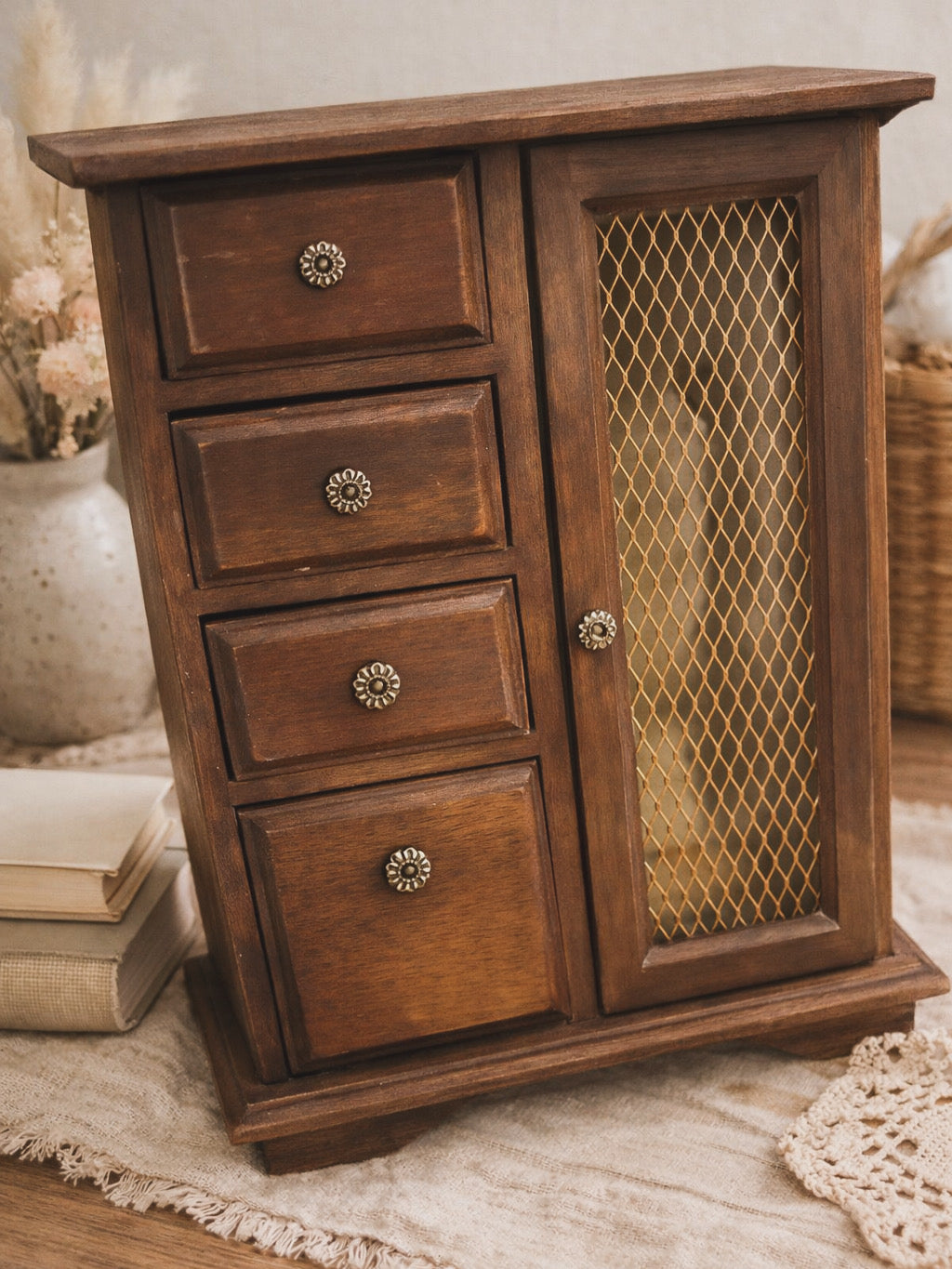 Vintage Wooden Jewelry Armoire | Standing Jewelry Organizer with Drawers & Necklace Storage