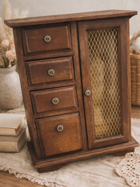 Vintage Wooden Jewelry Armoire | Standing Jewelry Organizer with Drawers & Necklace Storage