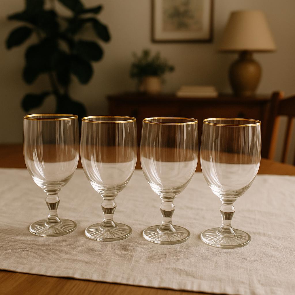 Set of 4 Vintage Goblets with Gold Rim and Pressed Sunburst Stem Detail
