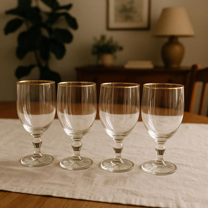 Set of 4 Vintage Goblets with Gold Rim and Pressed Sunburst Stem Detail