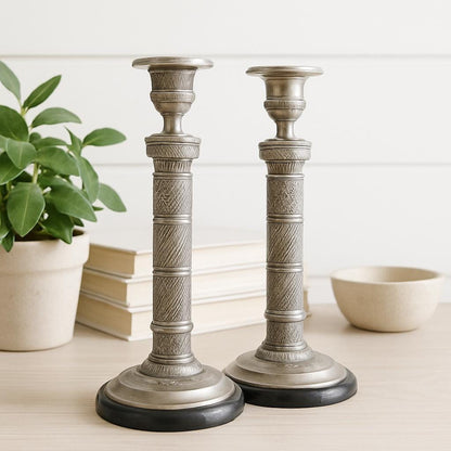 Vintage Etched Nickel-Plated Brass Candlestick Pair
