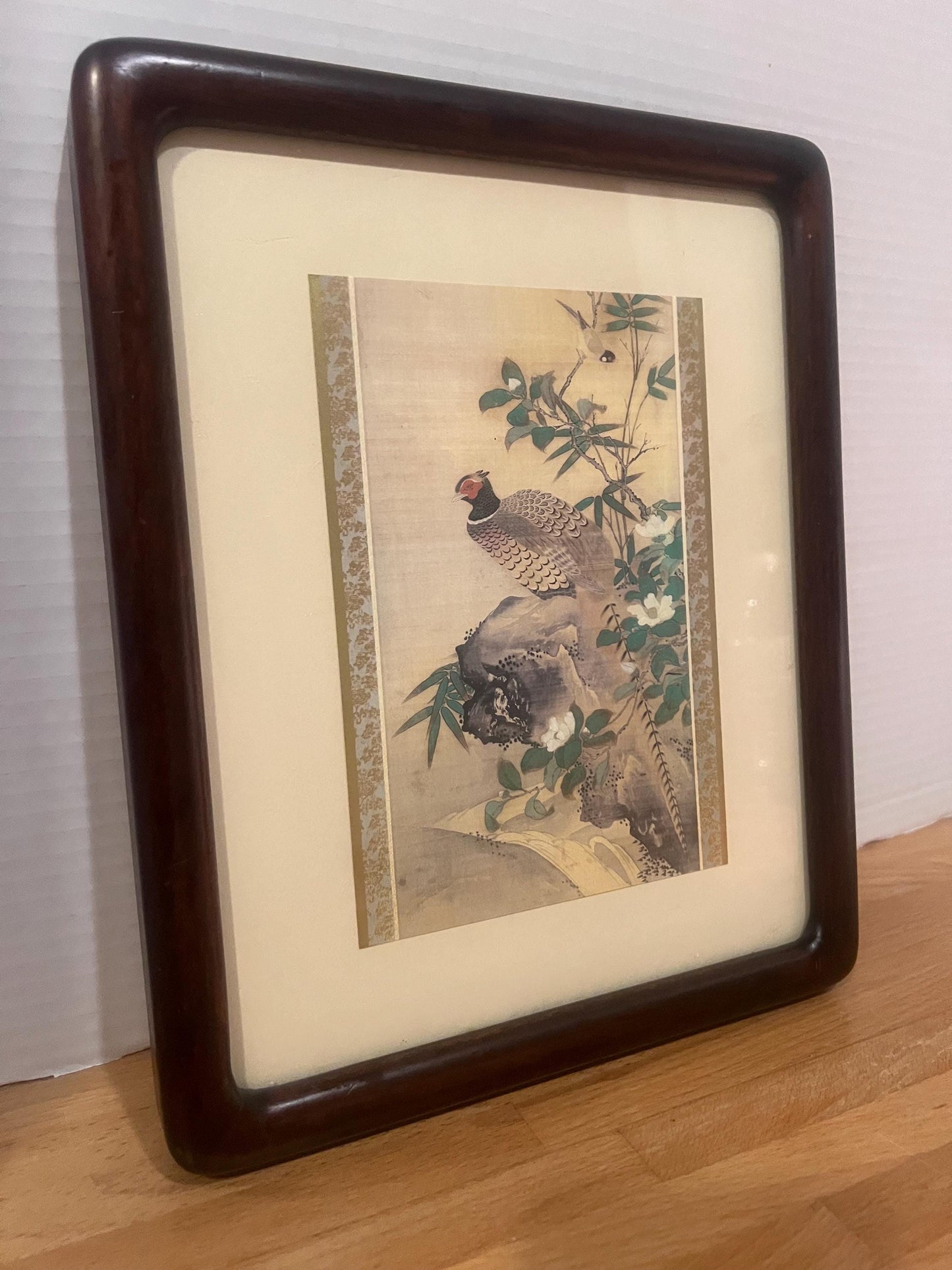 Vintage Asian Pheasant Art Print in Solid Wood frame