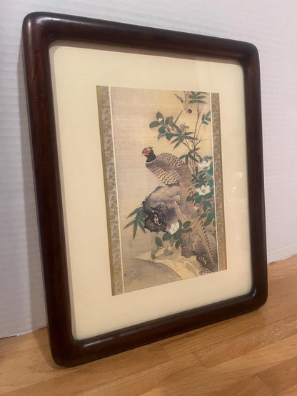 Vintage Asian Pheasant Art Print in Solid Wood frame