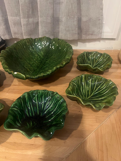 Vintage 1968 Handmade Cabbageware Salad Set – 6-piece Majolica-Style Green Leaf Bowls