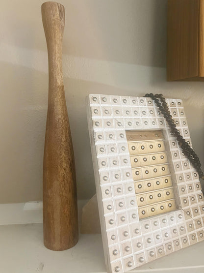 Mid-Century Modern Wood Candle Holder – Tall Tapered Teak Style Candlestick / Sculptural Wooden Vase