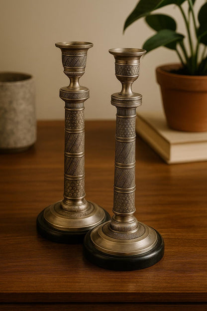 Vintage Etched Nickel-Plated Brass Candlestick Pair
