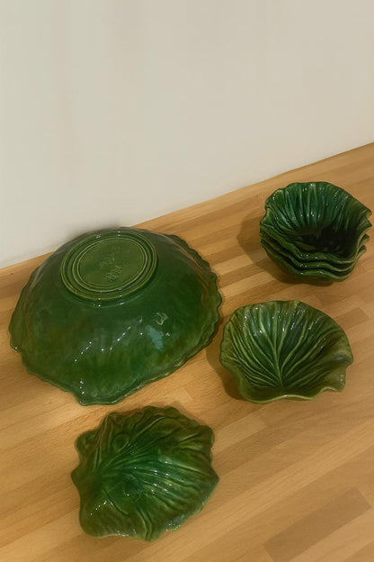 Vintage 1968 Handmade Cabbageware Salad Set – 6-piece Majolica-Style Green Leaf Bowls