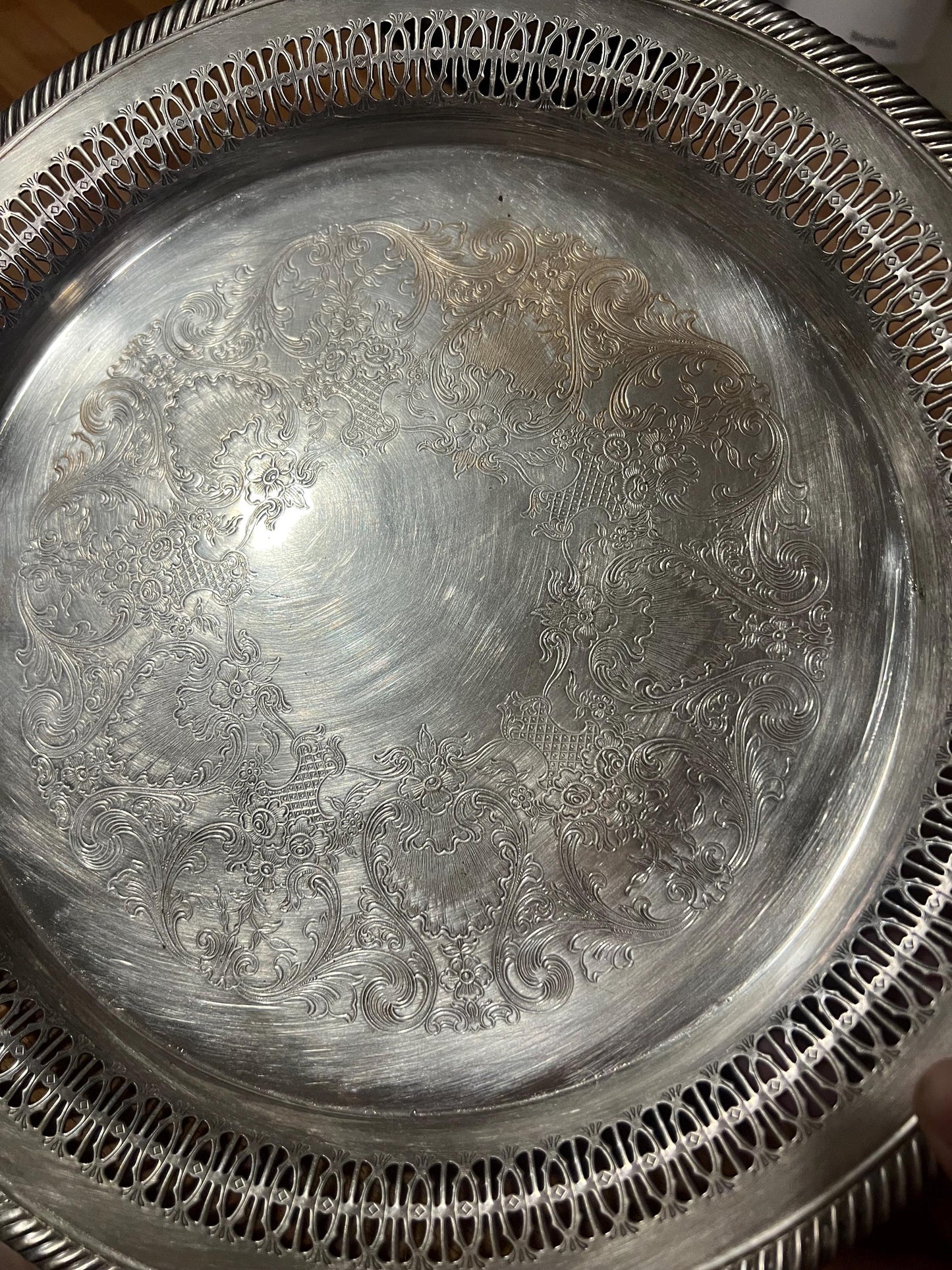 Vintage Silver-Plated Pierced Edge Serving Tray with Engraved Scroll Design