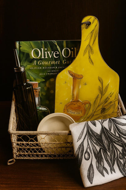 Curated Olive Oil Gourmet Gift Set – Cookbook, Ceramic Board, Dispenser Bottle, Dipping Dish & Towel | Mediterranean Kitchen Décor | Hostess