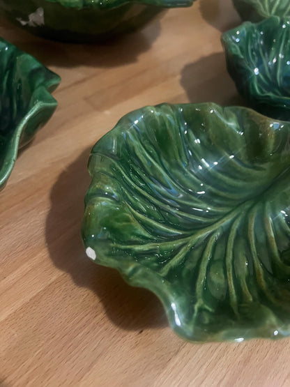 Vintage 1968 Handmade Cabbageware Salad Set – 6-piece Majolica-Style Green Leaf Bowls