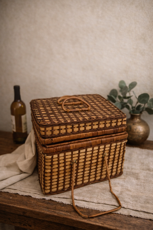 Vintage Woven Wicker Picnic Basket with Hinged Lid & Handles – Rustic Farmhouse Storage