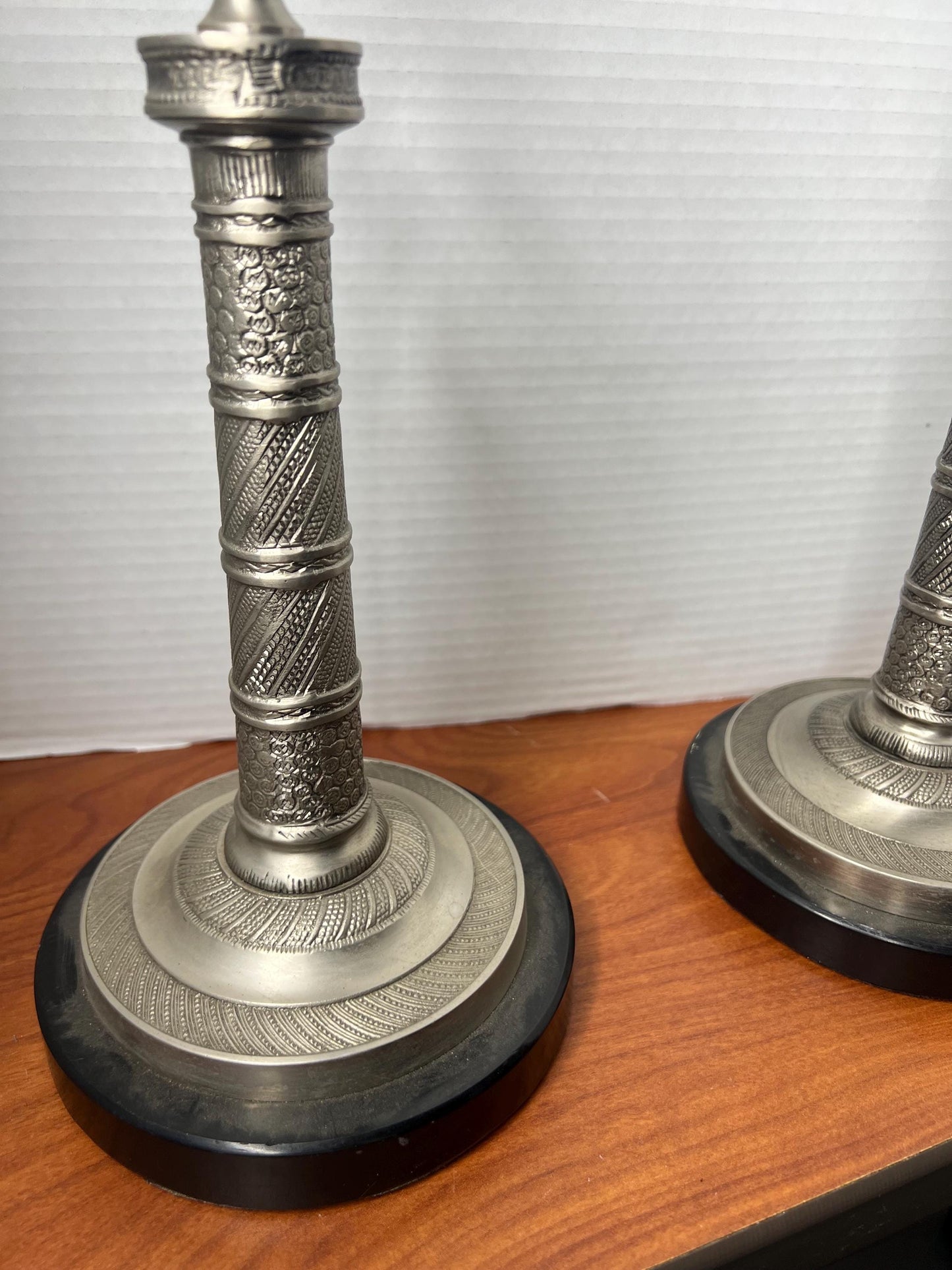 Vintage Etched Nickel-Plated Brass Candlestick Pair
