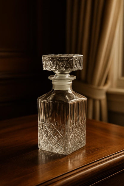Vintage Glass Whiskey Decanter with Stopper – Cut Glass Liquor Bottle – Mid-Century Barware