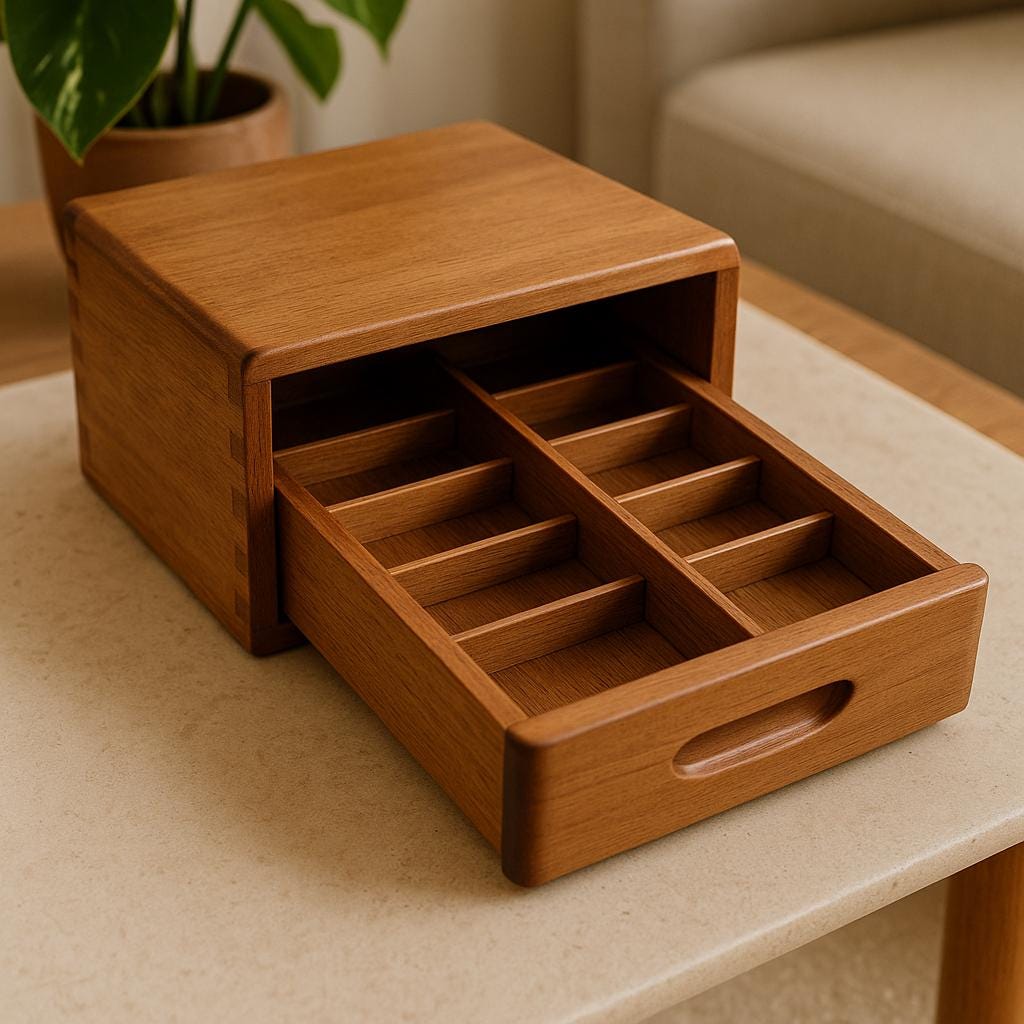 Vintage Teak Dovetail Wooden Organizer Box with Drawer