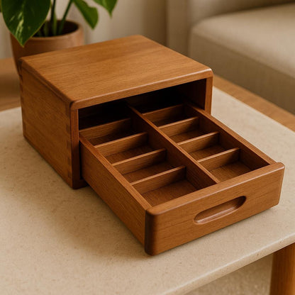 Vintage Teak Dovetail Wooden Organizer Box with Drawer