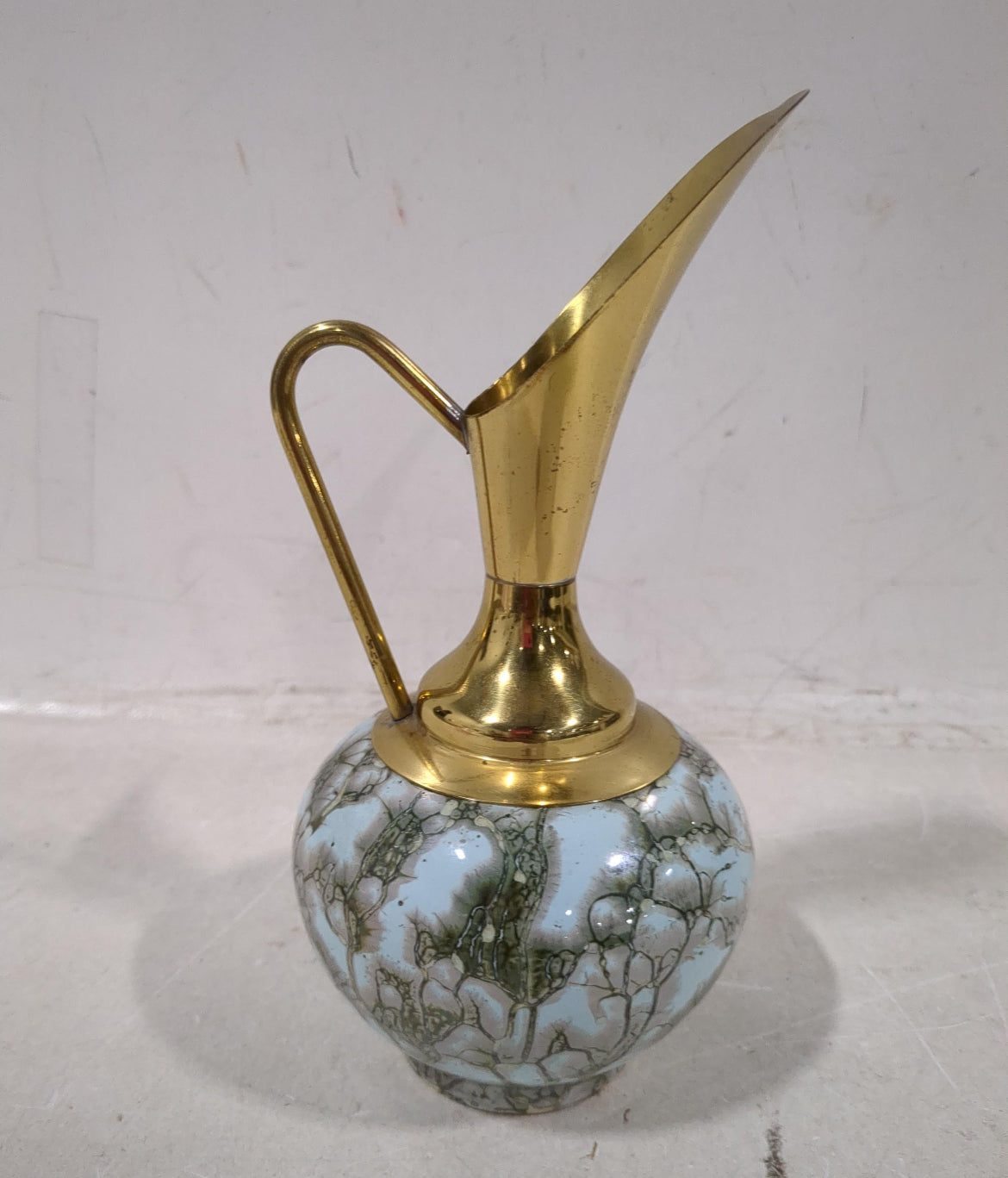 Vintage Brass Pitcher with Blue Crackle