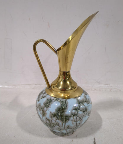 Vintage Brass Pitcher with Blue Crackle