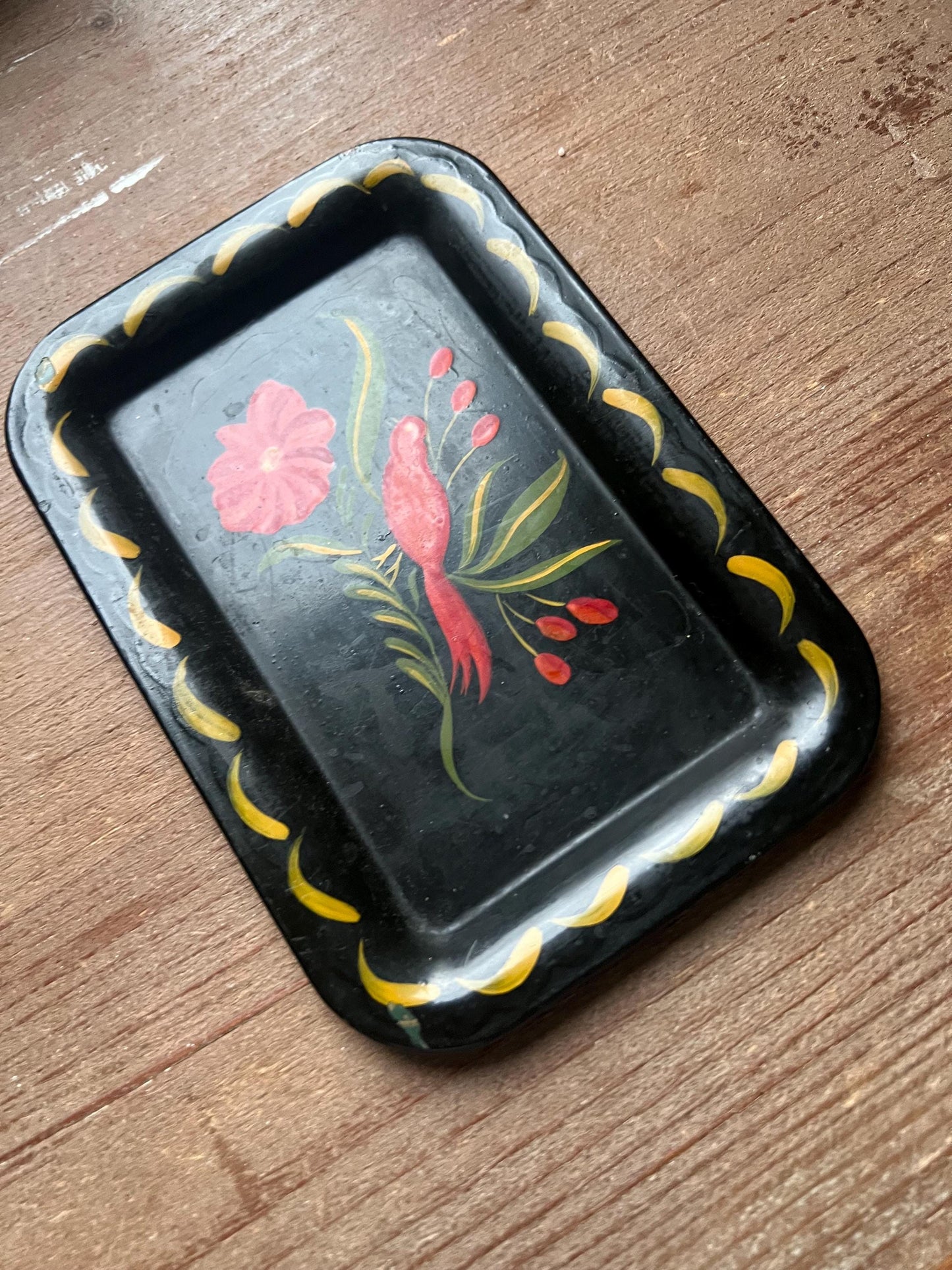 Vintage Black Tole Tray Set – Hand-Painted Floral & Bird