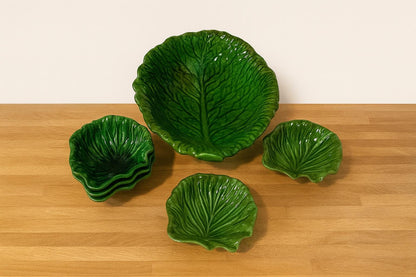 Vintage 1968 Handmade Cabbageware Salad Set – 6-piece Majolica-Style Green Leaf Bowls