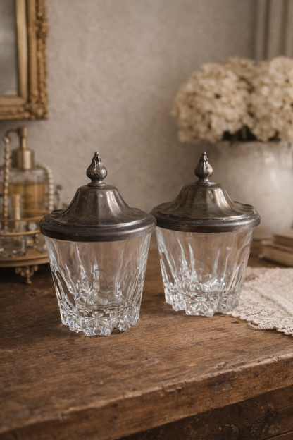 Vintage Glass Apothecary Jars with Pewter Lids (Set of 2)