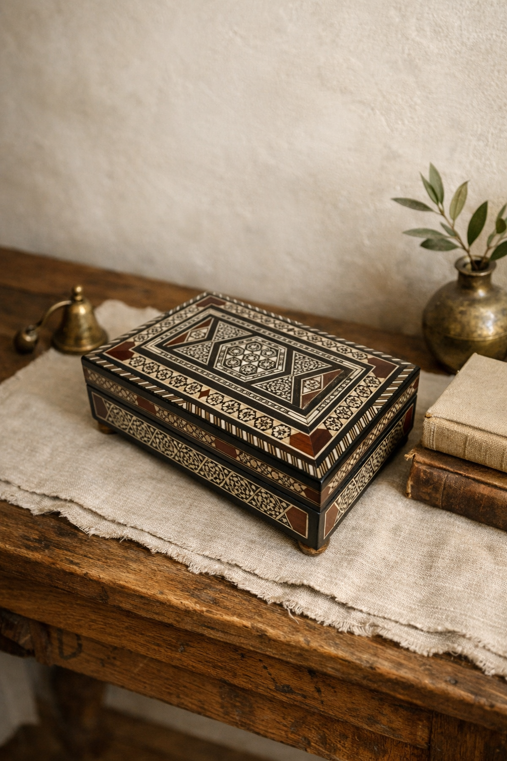 Vintage Syrian Marquetry-Mosaic Inlaid Wooden music Box.