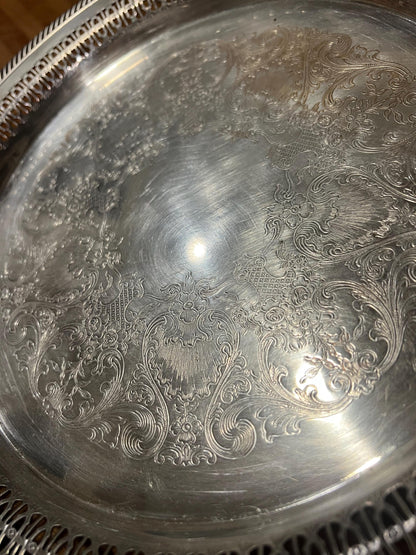 Vintage Silver-Plated Pierced Edge Serving Tray with Engraved Scroll Design