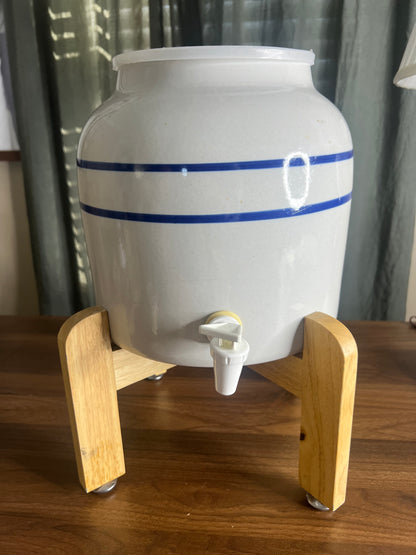 Farmhouse Ceramic Beverage Dispenser with Wood Stand | Blue Stripe Crock Water Jug