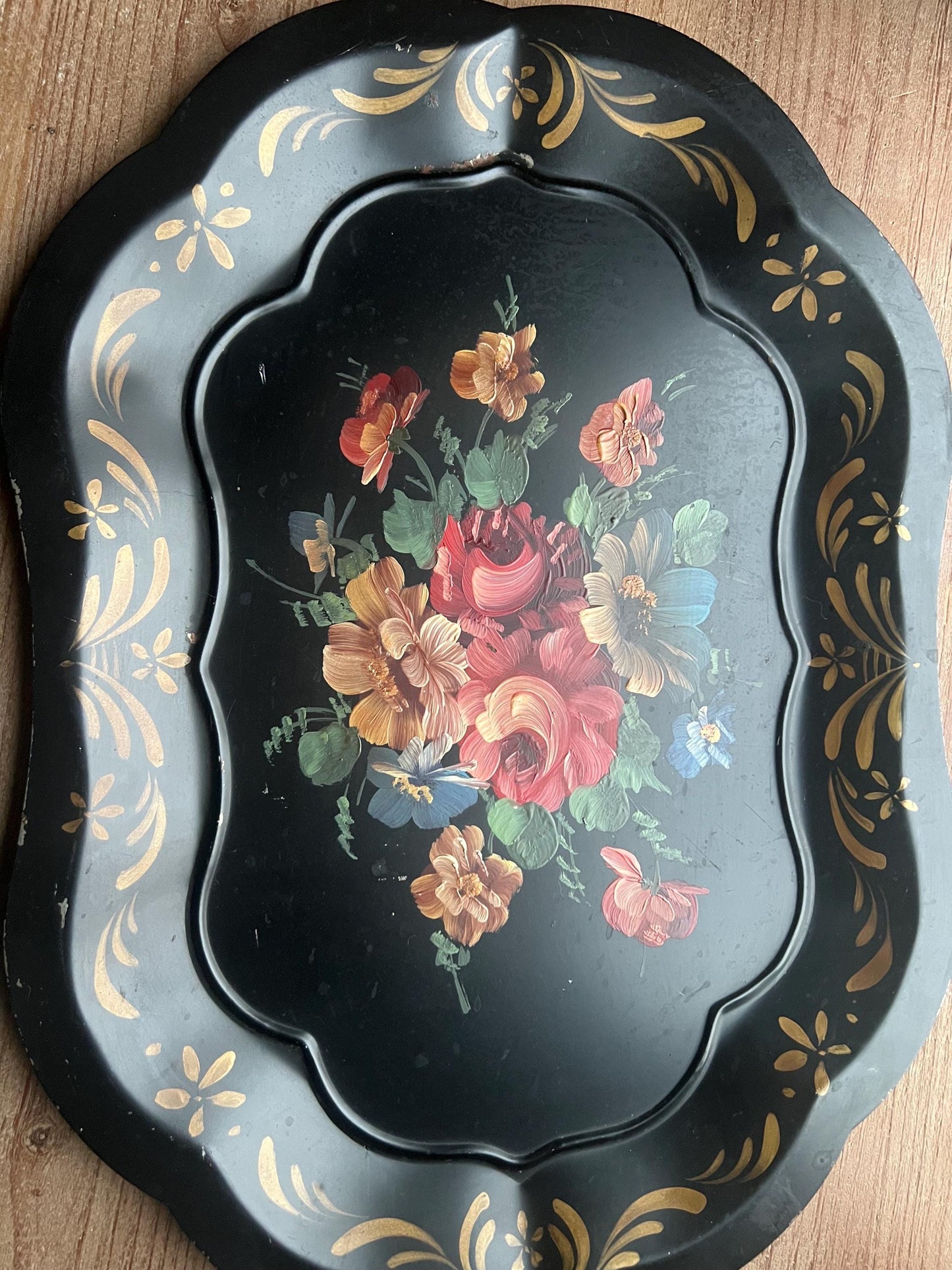 Vintage Black Tole Tray Set – Hand-Painted Floral & Bird