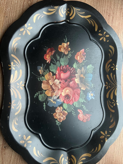 Vintage Black Tole Tray Set – Hand-Painted Floral & Bird