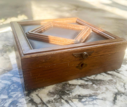 Apex Antique Wood & Leather Jewelry Box | Diamond Inlay Mid-Century Keepsake Case