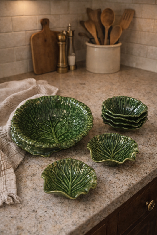 Vintage 1968 Handmade Cabbageware Salad Set – 6-piece Majolica-Style Green Leaf Bowls